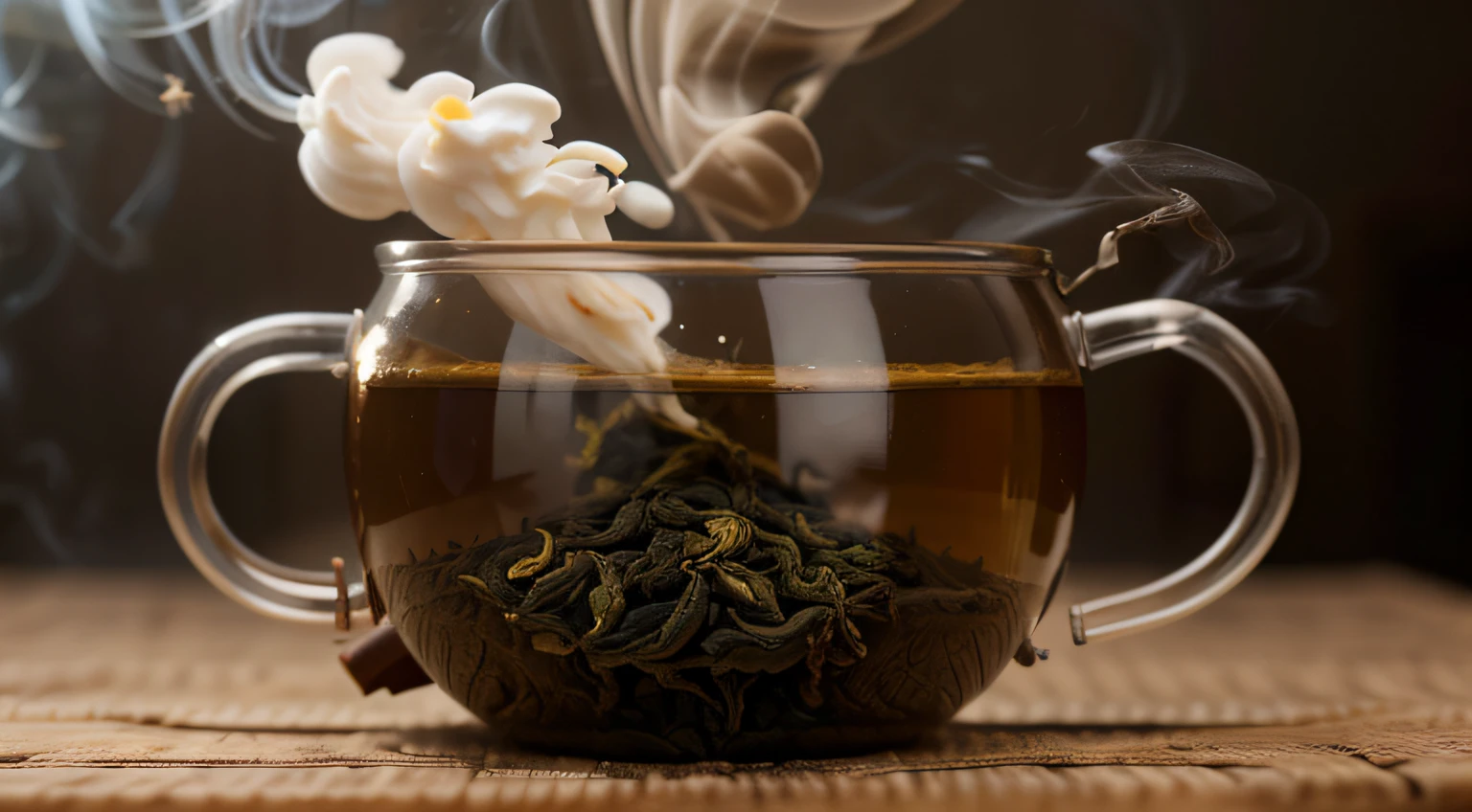 Imagem de (((Anise tea))), sendo colocado em um copo, with a kettle emitting smoke showing some of the ingredients it is made of, I really want clarity with every possible detail in this image.