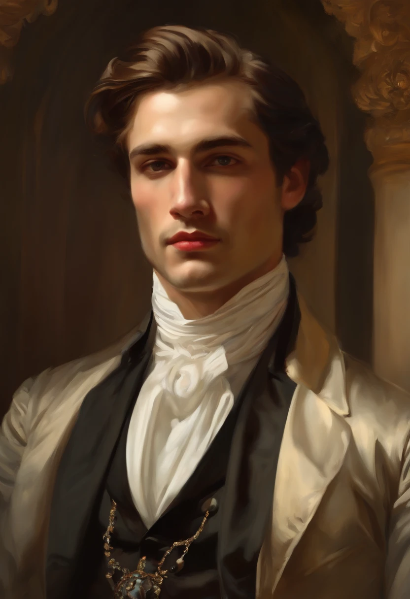 Painting of a handsome and masculine man, ((with long, falling over his shoulders)) and an embroidered masculine suit, ((Duke, from the Victorian Era)), (( robert de niro style)), in the background of a Paris brothel, Bowater art style, baroque digital painting, renaissance digital painting, masterpiece! inspired by Franz Xaver Winterhalter, inspired by Friedrich von Amerling, beautiful character painting, beautiful digital painting, inspired by Thomas Lawrence, beautiful yywater painting, refraction, reflections, mirrors, prisms, sunlight, bright lights!! Complex, elegant, highly detailed digital painting, art station, concept art, sharp and soft focus, illustration, art by ( ( ( ( Artgerm ) ) ) ) and ( Greg Rutkowski )! and (((Alphonse Mucha))), eyes reflecting in eyes reflecting to infinity