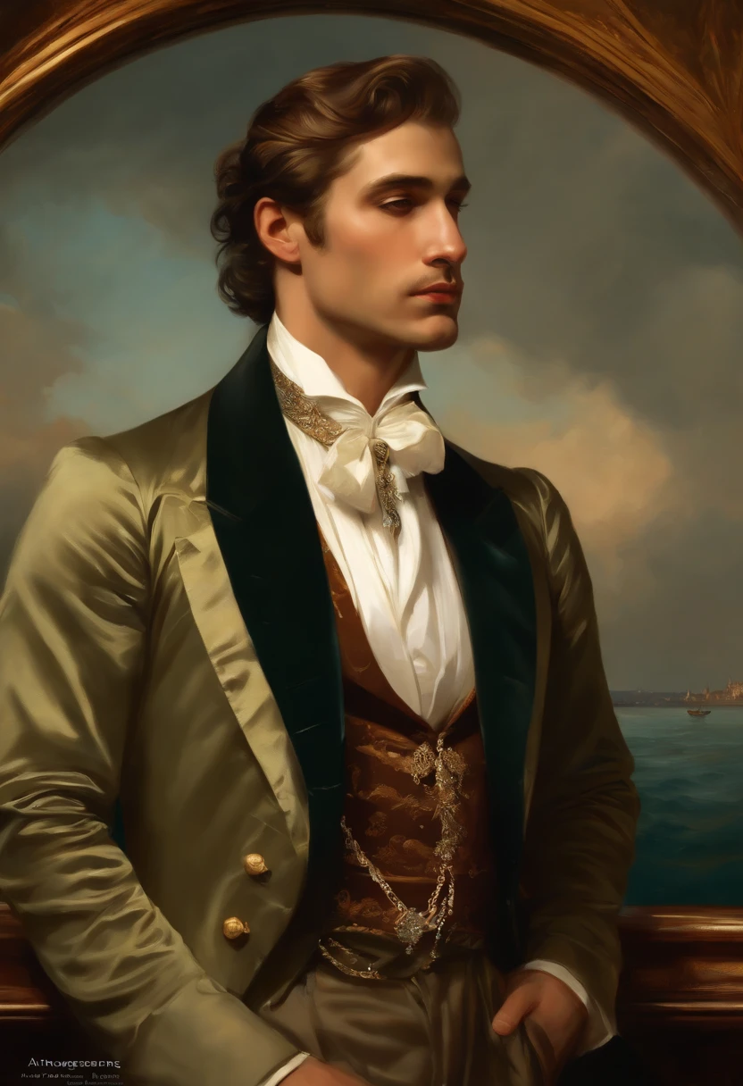 Painting of a handsome and masculine man, ((with long, falling over his shoulders)) and an embroidered masculine suit, ((Duke, from the Victorian Era)), (( robert de niro style)), in the background of a Paris brothel, Bowater art style, baroque digital painting, renaissance digital painting, masterpiece! inspired by Franz Xaver Winterhalter, inspired by Friedrich von Amerling, beautiful character painting, beautiful digital painting, inspired by Thomas Lawrence, beautiful yywater painting, refraction, reflections, mirrors, prisms, sunlight, bright lights!! Complex, elegant, highly detailed digital painting, art station, concept art, sharp and soft focus, illustration, art by ( ( ( ( Artgerm ) ) ) ) and ( Greg Rutkowski )! and (((Alphonse Mucha))), eyes reflecting in eyes reflecting to infinity