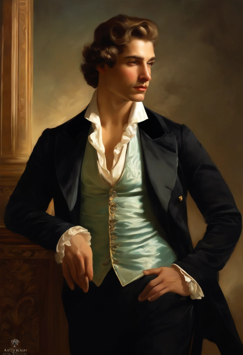 Painting of a handsome and masculine man, ((with long, falling over his shoulders)) and an embroidered masculine suit, ((Duke, from the Victorian Era)), (( robert de niro style)), in the background of a Paris brothel, Bowater art style, baroque digital painting, renaissance digital painting, masterpiece! inspired by Franz Xaver Winterhalter, inspired by Friedrich von Amerling, beautiful character painting, beautiful digital painting, inspired by Thomas Lawrence, beautiful yywater painting, refraction, reflections, mirrors, prisms, sunlight, bright lights!! Complex, elegant, highly detailed digital painting, art station, concept art, sharp and soft focus, illustration, art by ( ( ( ( Artgerm ) ) ) ) and ( Greg Rutkowski )! and (((Alphonse Mucha))), eyes reflecting in eyes reflecting to infinity