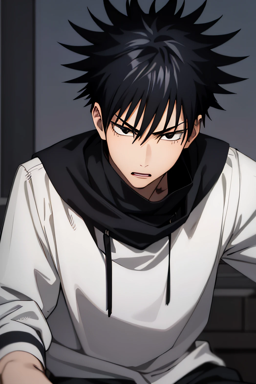 masterpiece, best quality, high quality, 1boy, solo, male focus, looking at viewer, upper body, fushiguro_megumi, black hair, spiked hair, black eyes