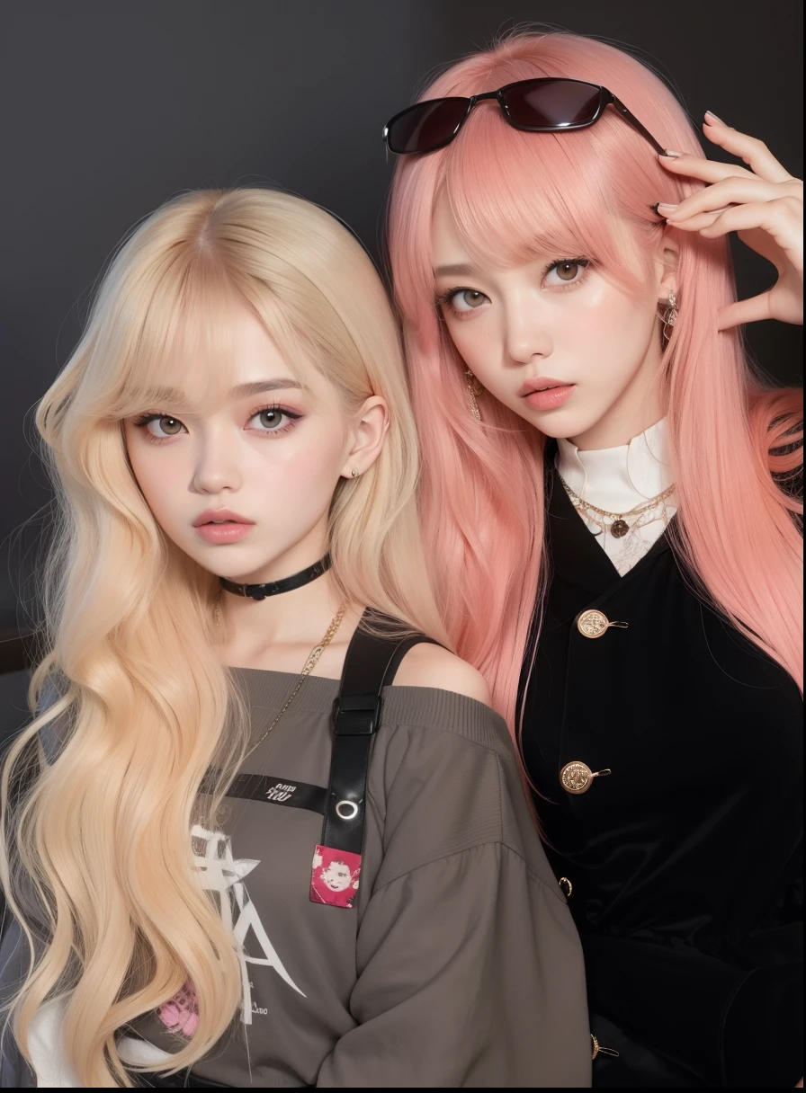 duas mulheres com longos cabelos rosa posando para uma foto, Ulzzang, Nixeu e Sakimichan, com cabelo rosa, Lalisa Manobal, cabelo liso rosa, com franja completa, O corte Hime, peach and goma style, Lalisa Manoban do Blackpink, cabelo comprido com franja completa, longos cabelos brancos e franja