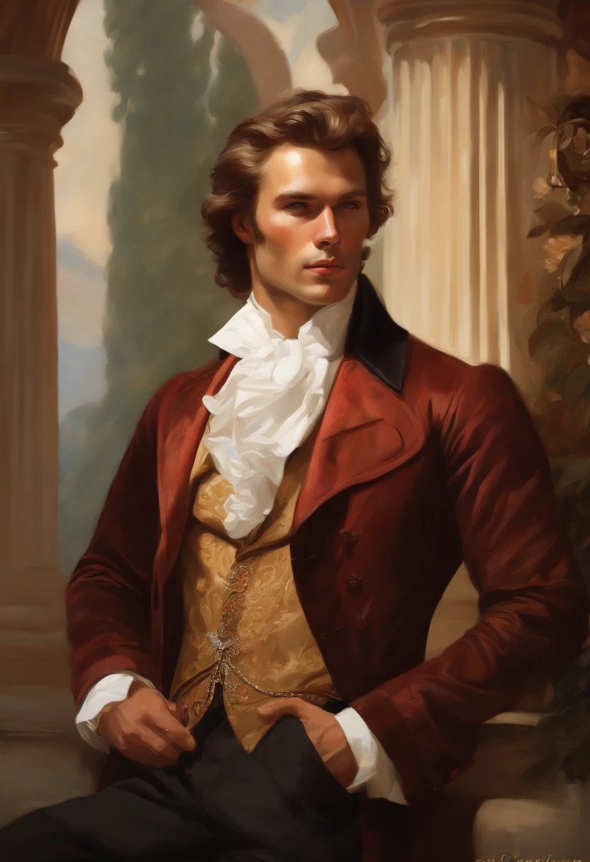 Painting of a handsome and masculine man, ((with long, falling over his shoulders)) and an embroidered masculine suit, ((Duke, from the Victorian Era)), (( Clint Eastwood style)), in the background of a Paris brothel, Bowater art style, baroque digital painting, renaissance digital painting, masterpiece! inspired by Franz Xaver Winterhalter, inspired by Friedrich von Amerling, beautiful character painting, beautiful digital painting, inspired by Thomas Lawrence, beautiful yywater painting, refraction, reflections, mirrors, prisms, sunlight, bright lights!! Complex, elegant, highly detailed digital painting, art station, concept art, sharp and soft focus, illustration, art by ( ( ( ( Artgerm ) ) ) ) and ( Greg Rutkowski )! and (((Alphonse Mucha))), eyes reflecting in eyes reflecting to infinity
