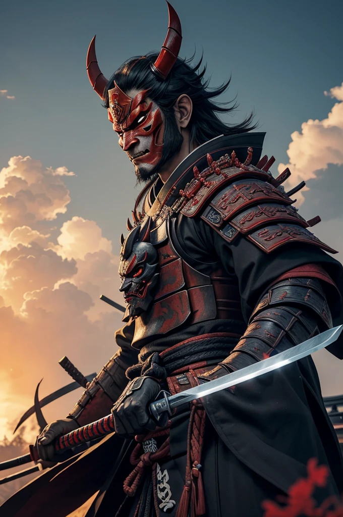 (demon samurai)、(Wearing a demon mask)、独奏、Like the whole body、(Armed with a long sharp knife)、magnificent artwork、((Kyoto Panel Painting Style))、Wind-effect:1.9、Cloud Effects:1.2、Full Rendering、Encaustic Painting,unrealengine,facing front