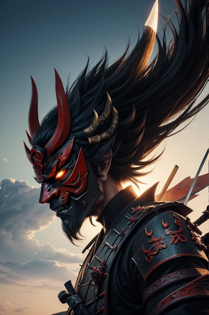 (demon samurai)、(Wearing a demon mask)、独奏、Like the whole body、(Armed with a long sharp knife)、magnificent artwork、((Kyoto Panel Painting Style))、Wind-effect:1.9、Cloud Effects:1.2、Full Rendering、Encaustic Painting,unrealengine,facing front