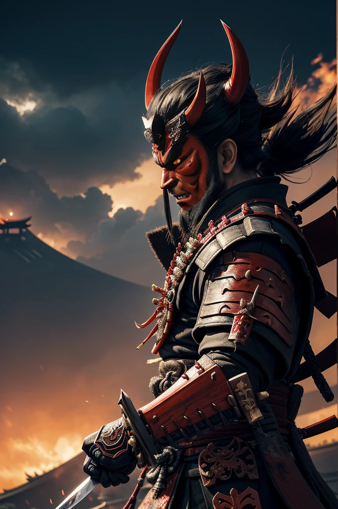 (demon samurai)、(Wearing a demon mask)、独奏、Like the whole body、(Armed with a long sharp knife)、magnificent artwork、((Kyoto Panel Painting Style))、Wind-effect:1.9、Cloud Effects:1.2、Full Rendering、Encaustic Painting,unrealengine,facing front