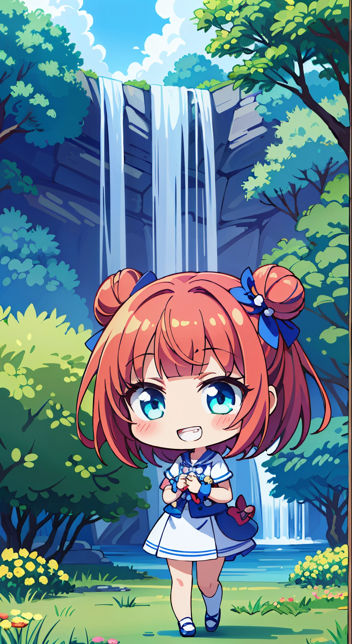 (masutepiece, Transparent air, Transparent eyes,Best Quality, Perfect Anatomy, High quality:1.4), absurderes, absolutely resolution, unbelievable Ridiculous, hight resolution, ultra-detailliert, Official art, Unity 8k壁纸, Kinetic typography,nice hand, Perfect hands, Detailed beautiful hands, Large_filesize, fulcolor, hight resolution, symmetric, exceptional, Best aesthetic, newest, Anime, very beautiful detailed body,The hair,faces,The eye, (chibi,full body:1.6),BREAK,  1 beautiful girl, (Cute:1.5), (Chibi: 0.8), (kawaii: 1.5), (Lori: 0.5), (17 years old girl), BREAK(Red hair, short-hair,2 hair buns,Blunt bangs:1.4),(:D,grin:1.3),{Heterochromia,pale blue eyes,pale green eyes, Eye Highlights,The first hyperfine stars:1.5},Star eyes silhouette thick eyelashes, Double eyelids:1.2),(de pele branca),BREAK,Clear skin,Beautiful skin, ,(best quality face),(Top quality glowing eyes),(The best smile,:D:1.45) ,

BREAK, (Narrow waist), wide hips, polypropylene,(Happy,Smile:1.3), (((Cute Patchwork Quilt,kawaii room,Embroidery Accessories,)))(((Girly Goods,Cute Quilted Patchwork Toys,bow ribbon,Quilt Patchwork,basket))),

,BREAK,(((to stand))),  outside of house,Girls sitting and playing on the grass, (Upper body:1.35), [Delicate hair fluttering in the wind], Playground equipment in the park, amusement, (Dynamic Pose), upward-eyed,Waterfall,depth of fields,

 BREAK,wakame,wakame,wakame,(Cowboy Shot:1.4), 

BREAK,(Blurry background:1.3),(absurderes, hight resolution, Super Detail Art),cel shading,Clear Color, Lonely optical effect, Beautiful pictures, Bright glow, mystic atmosphere,(Close-up of girl:1.1), Mystical light particle effect,manga influence, clean line drawings,