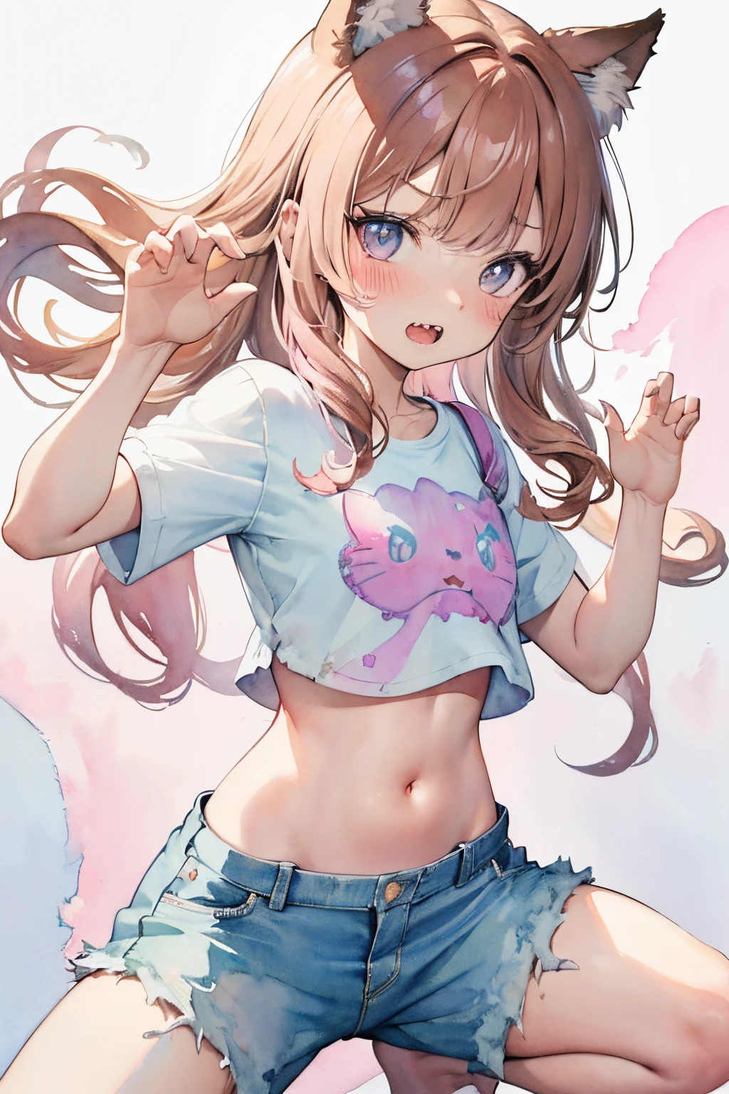 2 boy,(((boy,))),((bulge)),(flat chest,muscle), cat, fullbody,(pastel color:1.5),(cute illustration:1.5),(watercolor:1.2),white back ground, (twin tails:1.2),butt, (girls fashion)