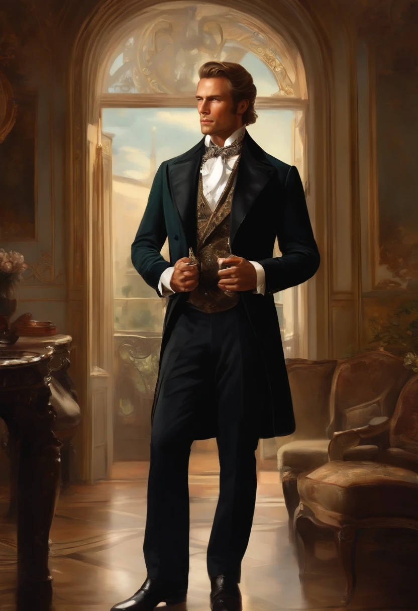 Painting of a handsome and masculine man, ((with long, falling over his shoulders)) and an embroidered masculine suit, ((Duke, from the Victorian Era)), (( Clint Eastwood style)), in the background of a Paris brothel, Bowater art style, baroque digital painting, renaissance digital painting, masterpiece! inspired by Franz Xaver Winterhalter, inspired by Friedrich von Amerling, beautiful character painting, beautiful digital painting, inspired by Thomas Lawrence, beautiful yywater painting, refraction, reflections, mirrors, prisms, sunlight, bright lights!! Complex, elegant, highly detailed digital painting, art station, concept art, sharp and soft focus, illustration, art by ( ( ( ( Artgerm ) ) ) ) and ( Greg Rutkowski )! and (((Alphonse Mucha))), eyes reflecting in eyes reflecting to infinity
