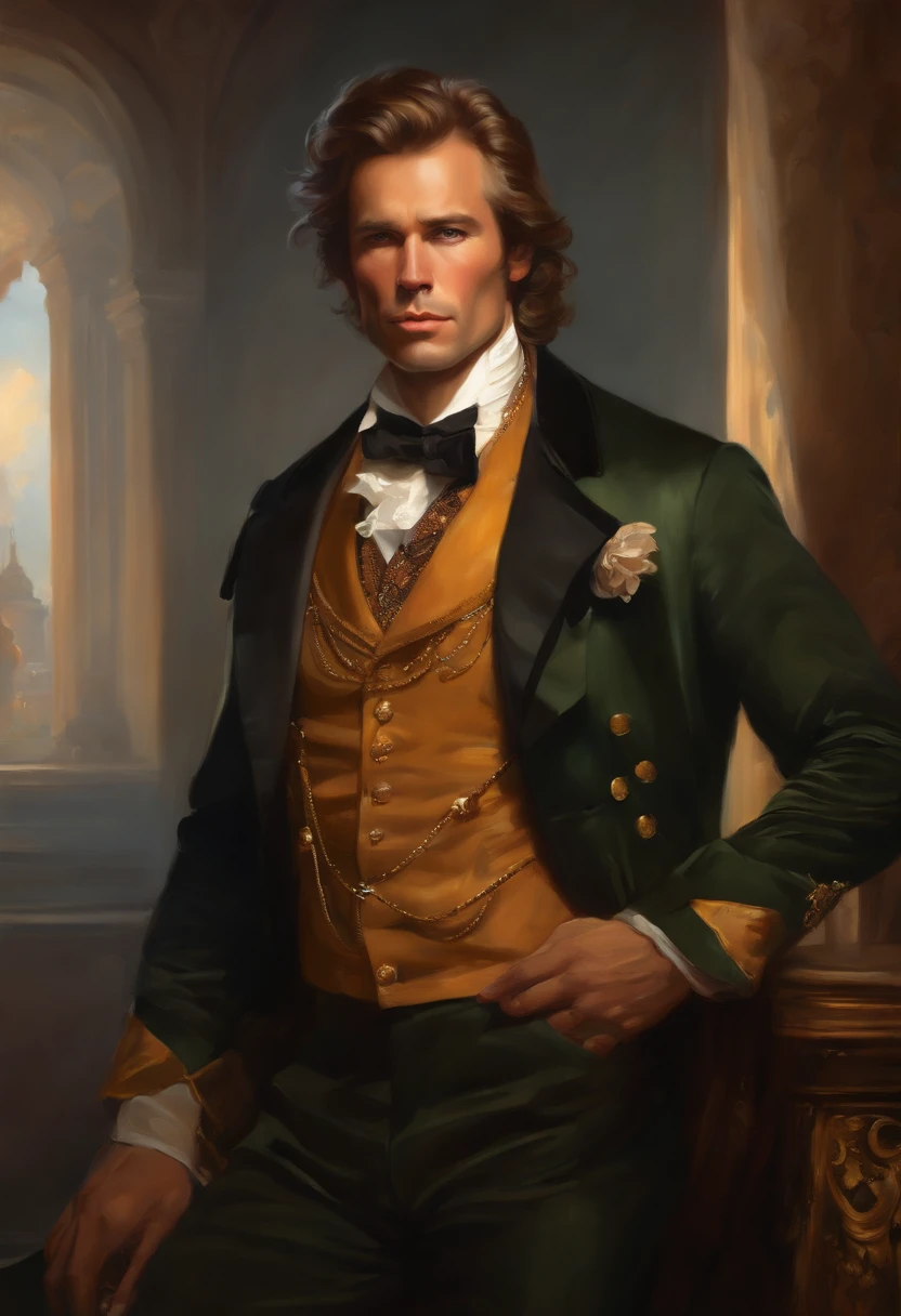 Painting of a handsome and masculine man, ((with long, falling over his shoulders)) and an embroidered masculine suit, ((Duke, from the Victorian Era)), (( Clint Eastwood style)), in the background of a Paris brothel, Bowater art style, baroque digital painting, renaissance digital painting, masterpiece! inspired by Franz Xaver Winterhalter, inspired by Friedrich von Amerling, beautiful character painting, beautiful digital painting, inspired by Thomas Lawrence, beautiful yywater painting, refraction, reflections, mirrors, prisms, sunlight, bright lights!! Complex, elegant, highly detailed digital painting, art station, concept art, sharp and soft focus, illustration, art by ( ( ( ( Artgerm ) ) ) ) and ( Greg Rutkowski )! and (((Alphonse Mucha))), eyes reflecting in eyes reflecting to infinity