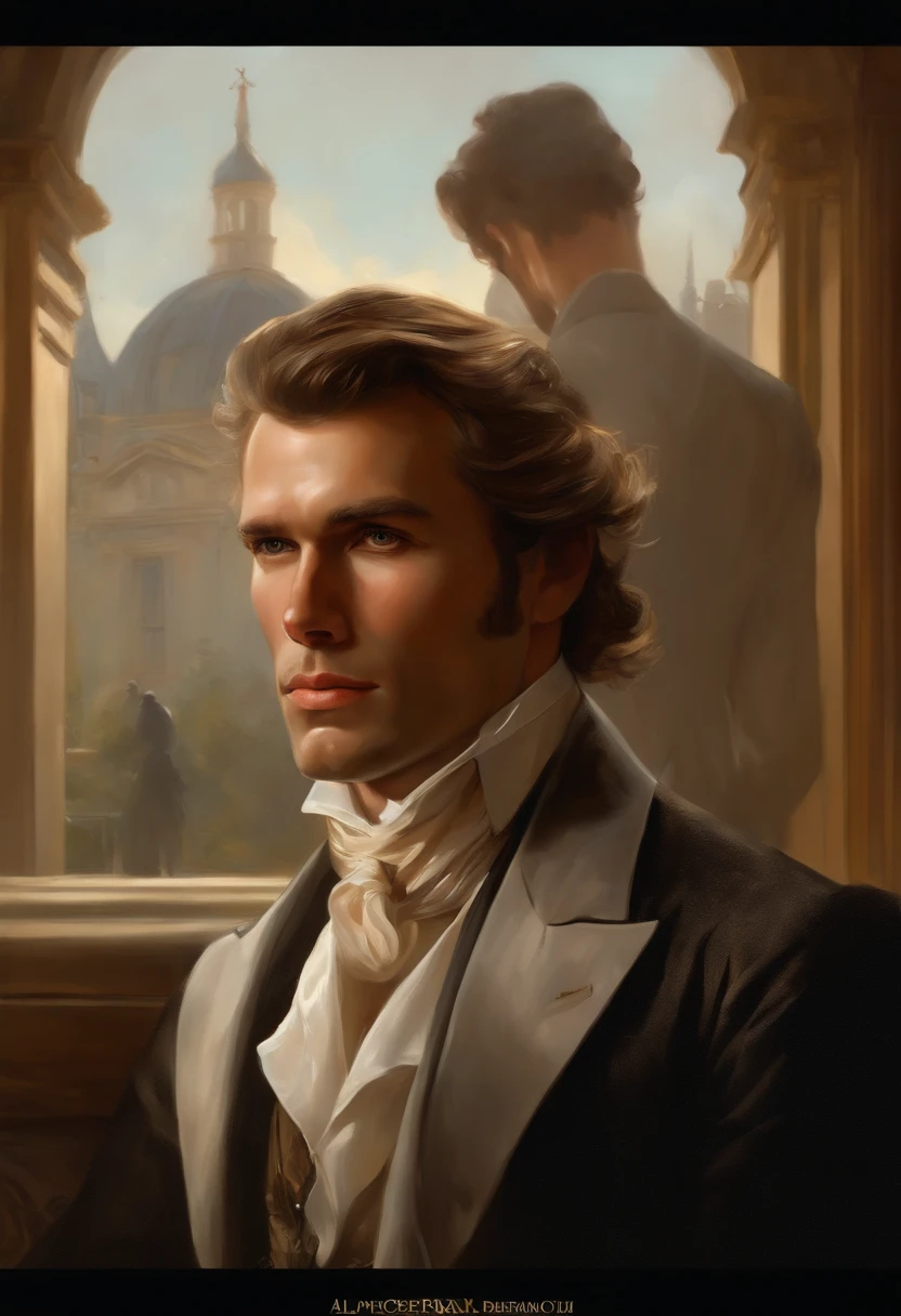 Painting of a handsome and masculine man, ((with long, falling over his shoulders)) and an embroidered masculine suit, ((Duke, from the Victorian Era)), (( Clint Eastwood style)), in the background of a Paris brothel, Bowater art style, baroque digital painting, renaissance digital painting, masterpiece! inspired by Franz Xaver Winterhalter, inspired by Friedrich von Amerling, beautiful character painting, beautiful digital painting, inspired by Thomas Lawrence, beautiful yywater painting, refraction, reflections, mirrors, prisms, sunlight, bright lights!! Complex, elegant, highly detailed digital painting, art station, concept art, sharp and soft focus, illustration, art by ( ( ( ( Artgerm ) ) ) ) and ( Greg Rutkowski )! and (((Alphonse Mucha))), eyes reflecting in eyes reflecting to infinity