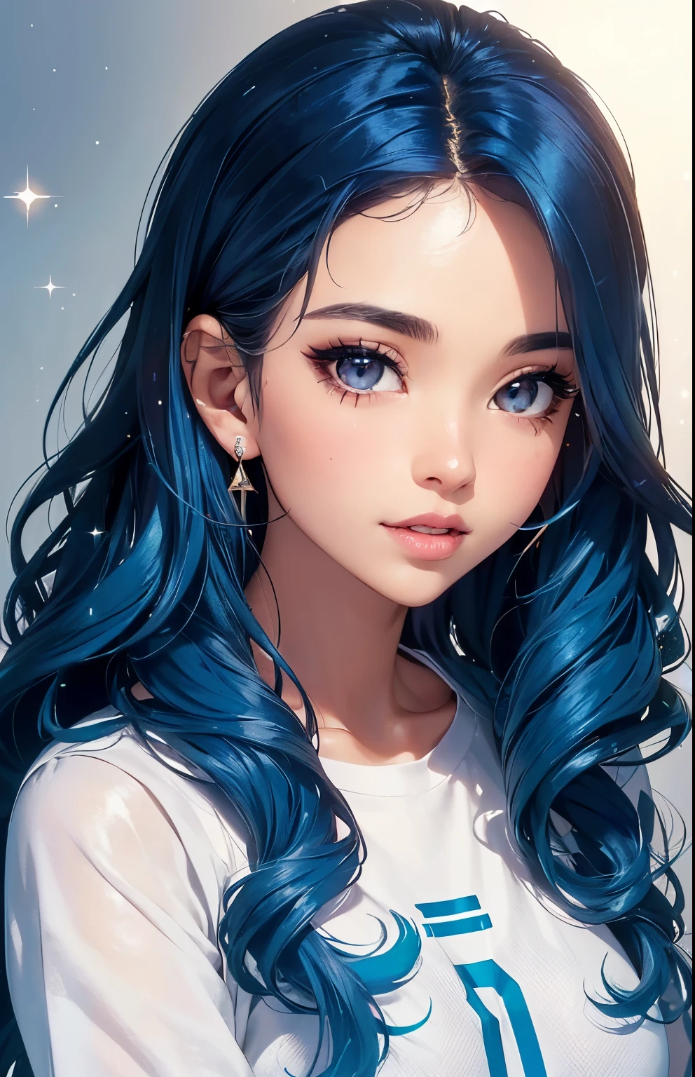 (Upper body photo), beatiful face, Highly Detailed Facial and Skin Texture, (detailed eyes with brown eyes, double eyelids, thin eyebrows, Glitter eyeliner: 1.2, natural Cheeks, sparkly skin, light skin, (((with a shirt))), (shiny lips: 1. 4), (Seduction Smile), (20years old), (Wavy Hair, Diagonal banglak and blue hair)),long medium length hair, ((upper body face shot)), ((Focus on your chest and face)), medium large breasts, upturned breasts.
