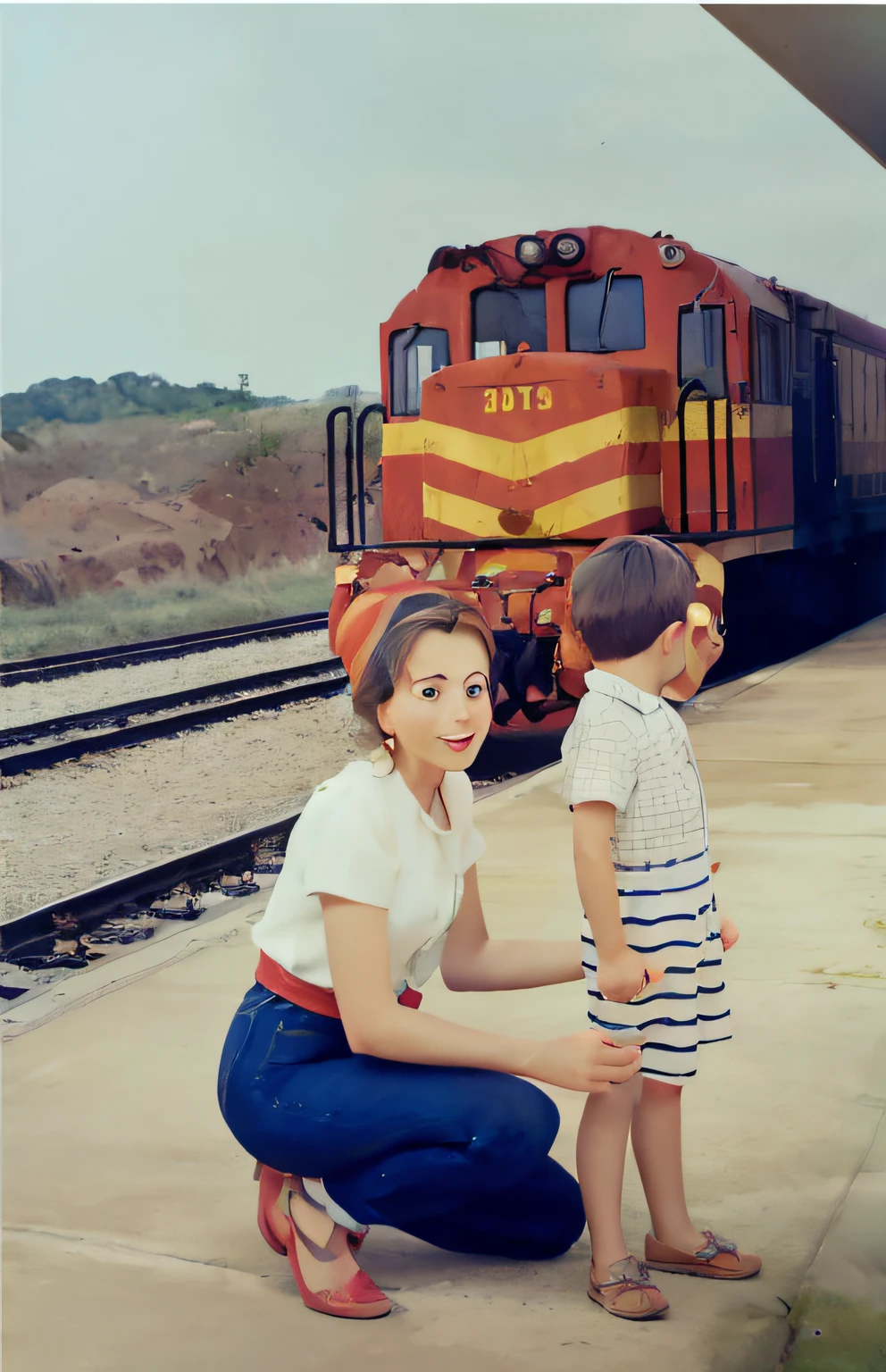 a mother holding her child with a locomotive approaching from the left and behind them, parado em uma antiga plataforma de espera de trem de passageiros, Pixar animation style, altos detalhes