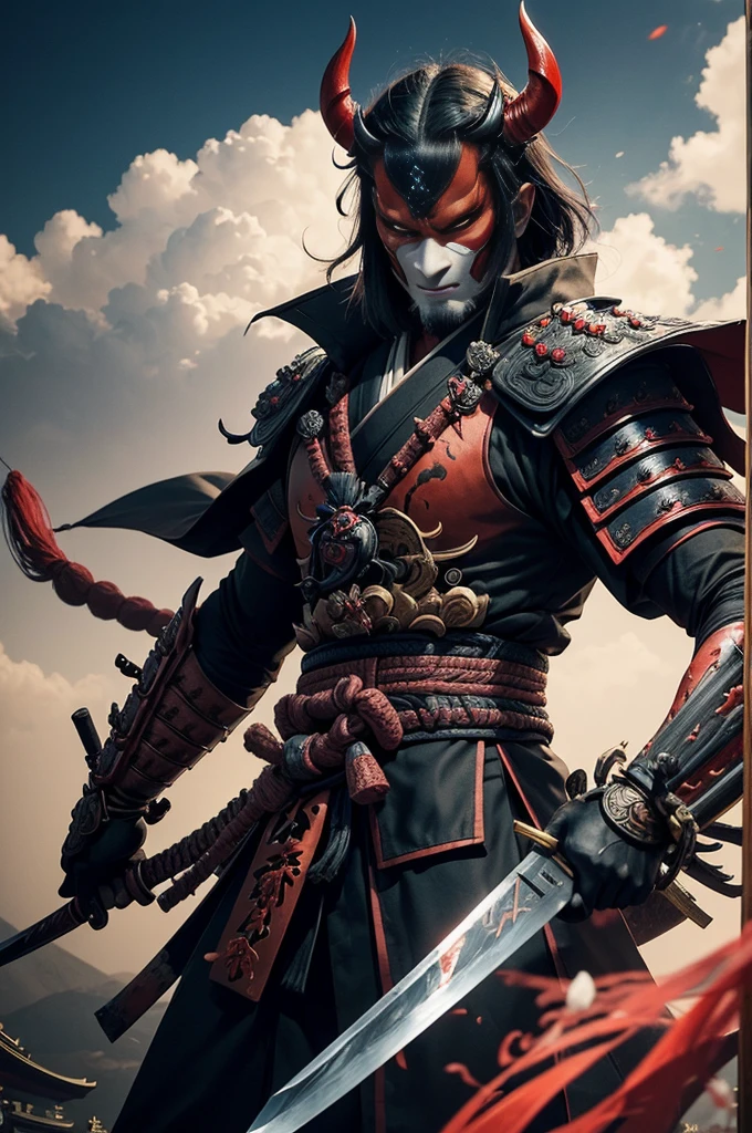 (demon samurai)、(Wearing a demon mask)、独奏、Like the whole body、(Armed with a long sharp knife)、magnificent artwork、((Kyoto Panel Painting Style))、Wind-effect:1.9、Cloud Effects:1.2、Full Rendering、Encaustic Painting