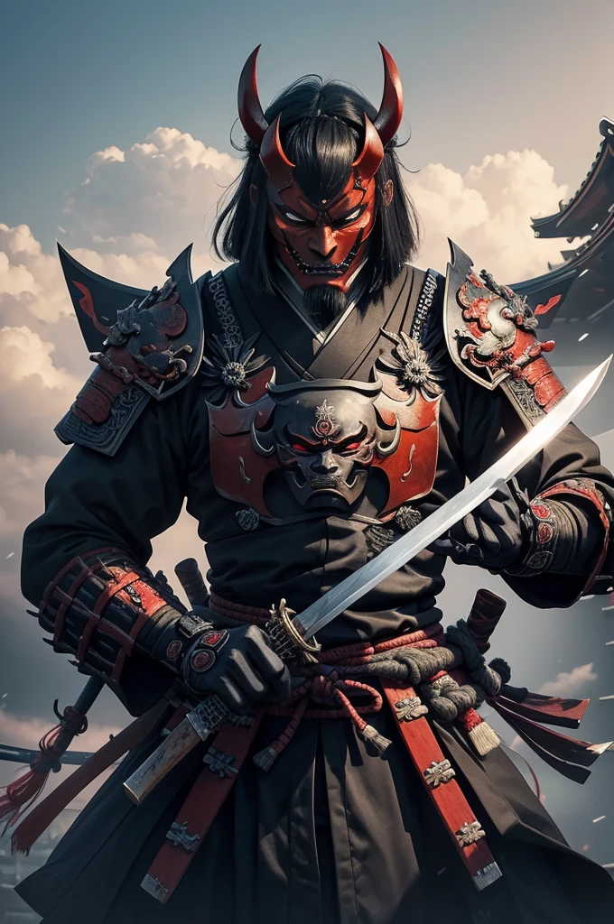 (demon samurai)、(Wearing a demon mask)、独奏、Like the whole body、(Armed with a long sharp knife)、magnificent artwork、((Kyoto Panel Painting Style))、Wind-effect:1.9、Cloud Effects:1.2、Full Rendering、Encaustic Painting