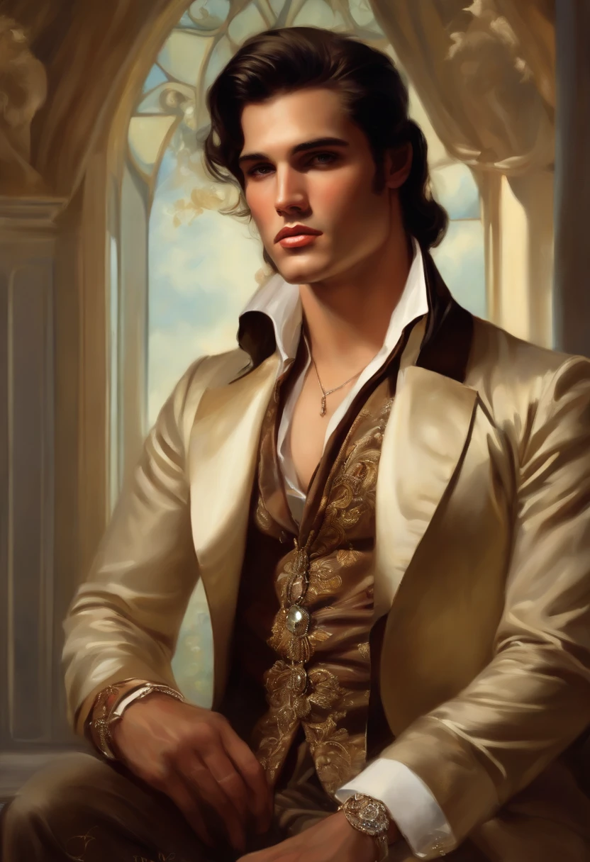 Painting of a handsome and masculine man, ((with long, falling over his shoulders)) and an embroidered masculine suit, ((Duke, from the Victorian Era)), (( Elvis Presley style)), in the background of a Paris brothel, Bowater art style, baroque digital painting, renaissance digital painting, masterpiece! inspired by Franz Xaver Winterhalter, inspired by Friedrich von Amerling, beautiful character painting, beautiful digital painting, inspired by Thomas Lawrence, beautiful yywater painting, refraction, reflections, mirrors, prisms, sunlight, bright lights!! Complex, elegant, highly detailed digital painting, art station, concept art, sharp and soft focus, illustration, art by ( ( ( ( Artgerm ) ) ) ) and ( Greg Rutkowski )! and (((Alphonse Mucha))), eyes reflecting in eyes reflecting to infinity