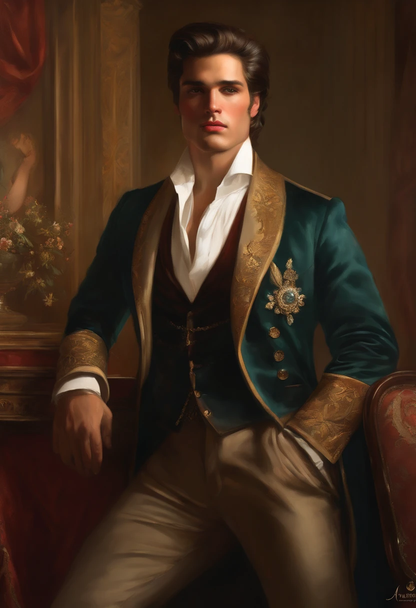 Painting of a handsome and masculine man, ((with long, falling over his shoulders)) and an embroidered masculine suit, ((Duke, from the Victorian Era)), (( Elvis Presley style)), in the background of a Paris brothel, Bowater art style, baroque digital painting, renaissance digital painting, masterpiece! inspired by Franz Xaver Winterhalter, inspired by Friedrich von Amerling, beautiful character painting, beautiful digital painting, inspired by Thomas Lawrence, beautiful yywater painting, refraction, reflections, mirrors, prisms, sunlight, bright lights!! Complex, elegant, highly detailed digital painting, art station, concept art, sharp and soft focus, illustration, art by ( ( ( ( Artgerm ) ) ) ) and ( Greg Rutkowski )! and (((Alphonse Mucha))), eyes reflecting in eyes reflecting to infinity