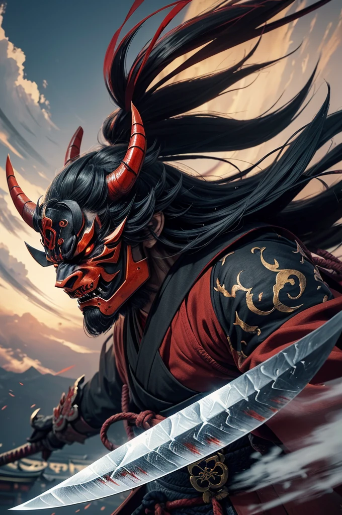 (demon samurai)、(Wearing a demon mask)、独奏、Like the whole body、(Armed with a long sharp knife)、magnificent artwork、((Kyoto Panel Painting Style))、Wind-effect:1.9、Cloud Effects:1.2、Full Rendering、Encaustic Painting