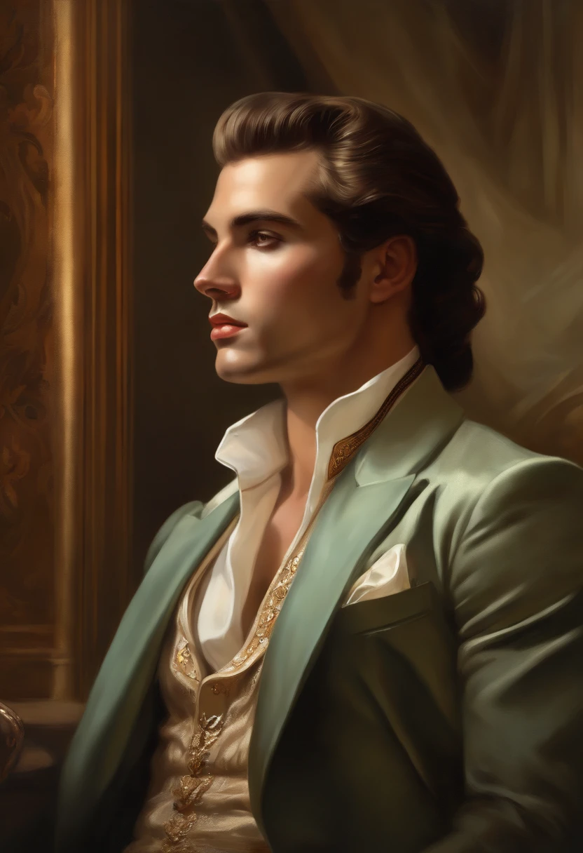 Painting of a handsome and masculine man, ((with long, falling over his shoulders)) and an embroidered masculine suit, ((Duke, from the Victorian Era)), (( Elvis Presley style)), in the background of a Paris brothel, Bowater art style, baroque digital painting, renaissance digital painting, masterpiece! inspired by Franz Xaver Winterhalter, inspired by Friedrich von Amerling, beautiful character painting, beautiful digital painting, inspired by Thomas Lawrence, beautiful yywater painting, refraction, reflections, mirrors, prisms, sunlight, bright lights!! Complex, elegant, highly detailed digital painting, art station, concept art, sharp and soft focus, illustration, art by ( ( ( ( Artgerm ) ) ) ) and ( Greg Rutkowski )! and (((Alphonse Mucha))), eyes reflecting in eyes reflecting to infinity