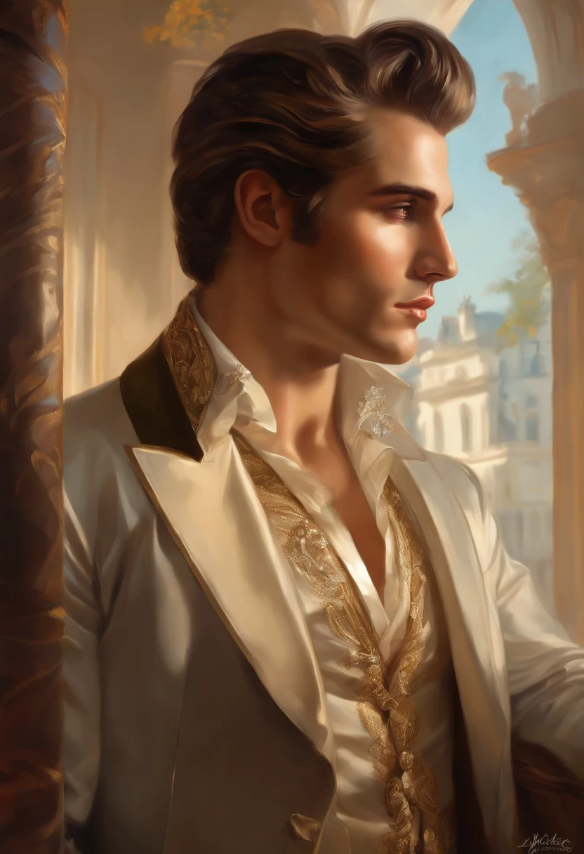 Painting of a handsome and masculine man, ((with long, falling over his shoulders)) and an embroidered masculine suit, ((Duke, from the Victorian Era)), (( Elvis Presley style)), in the background of a Paris brothel, Bowater art style, baroque digital painting, renaissance digital painting, masterpiece! inspired by Franz Xaver Winterhalter, inspired by Friedrich von Amerling, beautiful character painting, beautiful digital painting, inspired by Thomas Lawrence, beautiful yywater painting, refraction, reflections, mirrors, prisms, sunlight, bright lights!! Complex, elegant, highly detailed digital painting, art station, concept art, sharp and soft focus, illustration, art by ( ( ( ( Artgerm ) ) ) ) and ( Greg Rutkowski )! and (((Alphonse Mucha))), eyes reflecting in eyes reflecting to infinity