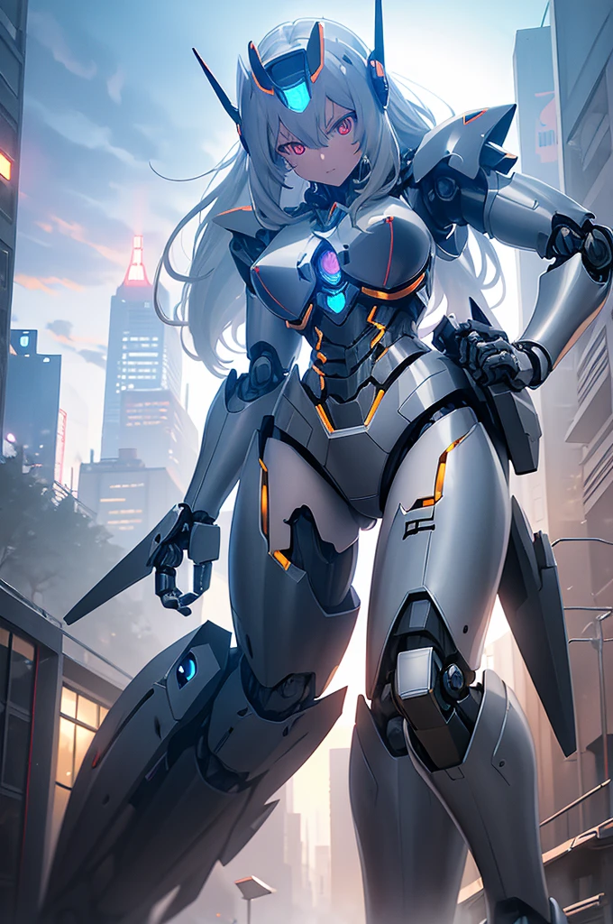 ((robot girl, mecha)), glowing eyes, delicate face, (broken armor), mechanical aura, mechanical arm, gray hair, long hair, ceramic body, thigh gap, breast, very fine city, (translucent, reflective skin), 8k, best quality, ultra-detailed, (surrealism: 1.4), gts, giantess,