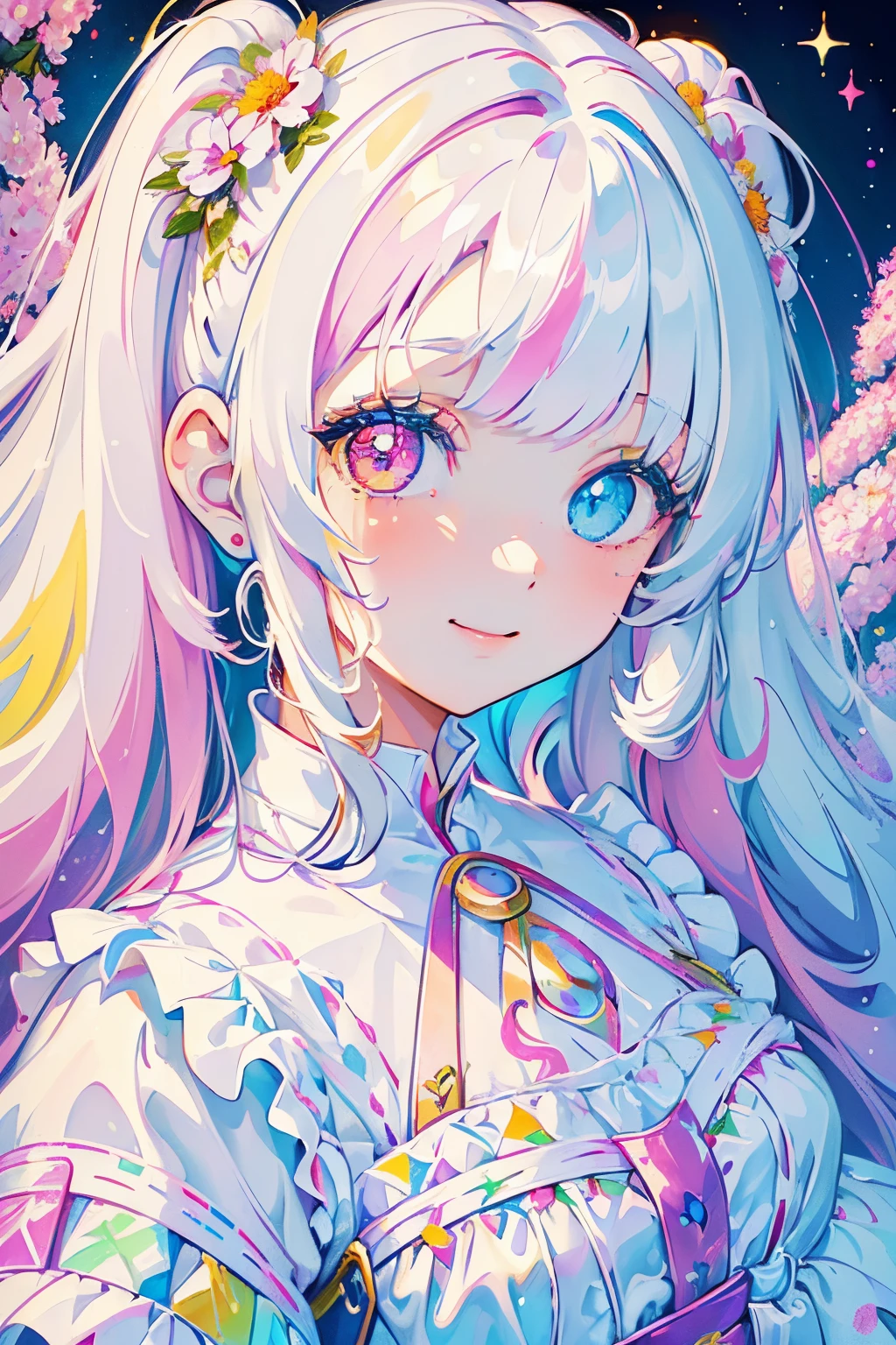 1girl, young girl, curly hair, Bangs, twin tail, Side tail, (Heterochromia), wearing a white dress, Smiling, ((detaled face)), ((close up)), colorfully background, (Colorful), (lots of flowers)