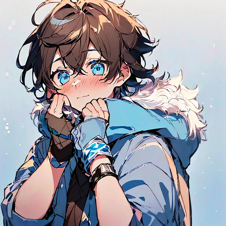((1boy)、(()、((high quality)、(Light blue eyes)、(ash brown dark hair with messy hair)、(pale skin with a blush on the cheeks))、cold colored scarf and gloves 、cold color jacket、background in the snow、((happy and adorable look)、((short hair)、asexual flag bracelet on your right wrist