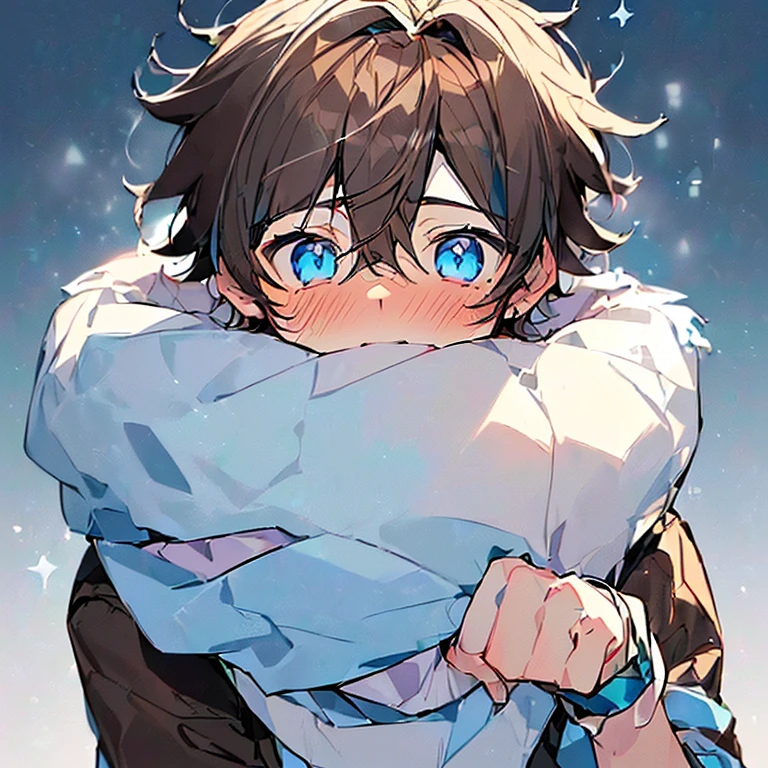 ((1boy)、((17 years old)、((high quality)、(Light blue eyes)、(ash brown dark hair with messy hair)、(pale skin with a blush on the cheeks))、cold colored scarf and gloves 、cold color jacket、background in the snow、((happy and adorable look)、((short hair)、asexual flag bracelet on your right wrist