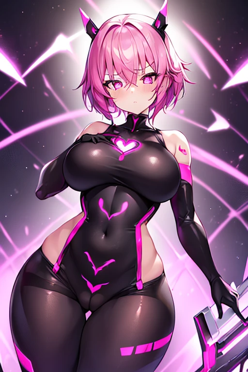 1girl, breasts, large breasts, wide hips, bodysuit, black bodysuit, futuristic, tech, machinery, science-fiction, pubic tattoo, ((pubic tattoo)), heart-shaped pupils, serious, pink trim, pink hair, neon trim, pink neon trim, hypnosis, mind control, pantyhose, very short hair, nsfw,