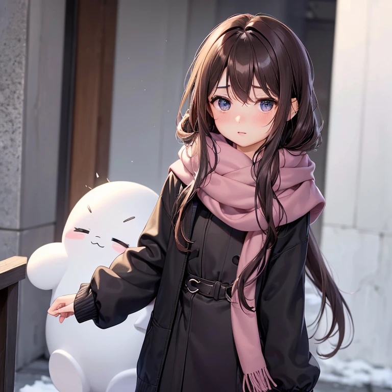 ((1child)、(()、((alta calidad)、(Ojos azul claro)、(Dark ash brown hair with messy hair.)、(pale skin with blush on the cheeks))、cold colored scarf and gloves 、chaqueta de color frio、fondo en la nieve、((mirada feliz y adorable)、((pelo corto)、Bracelet with asexual flag on your right wrist.