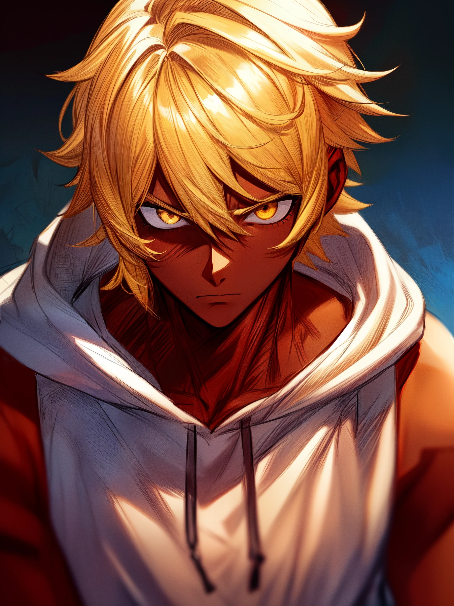 close-up, upper body portrait, ((dark skin)), ((street clothelack hoodie)), ((male)), ((serious expression)), ((bright golden hair)), ((short wild hair)), ((mature male)), ((complementary colors)),1boy, beautifully drawn, high resolution illustration, best quality, High definition, ((detailed anime sketch)), Masterpiece, (solo), absurdres, detailed background, fine detail, male focus, HDR,