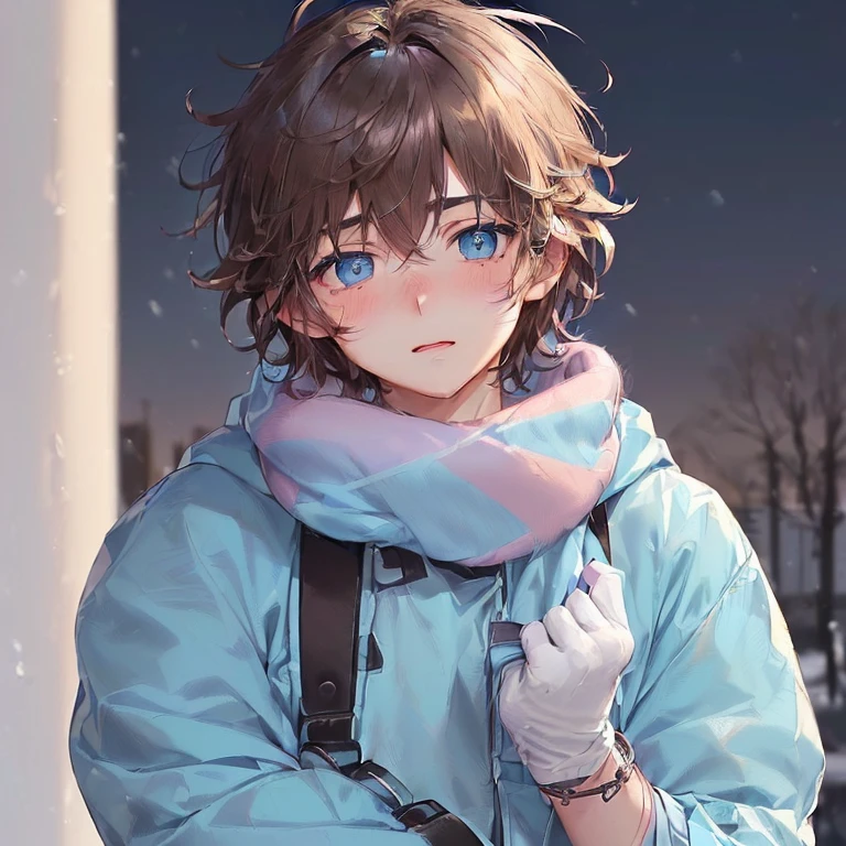 ((1Man)、((17 years old)、((high quality)、(Light blue eyes)、(ash brown dark hair with messy hair)、(pale skin with a blush on the cheeks))、cold colored scarf and gloves 、cold color jacket、background in the snow、((happy and adorable look)、((short hair)、asexual flag bracelet on your right wrist