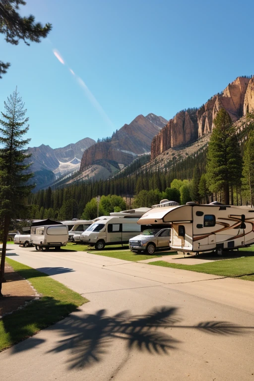 a campsite filled with Rvs with mountains and a laked in the background. Surrounded by sequoia trees. With cabin style dorms. with a pink vintage rv in the forground. Have hanging lights circling the campsite.