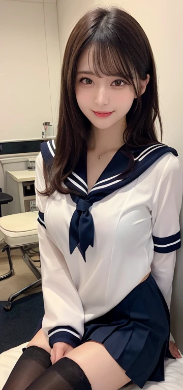 ((Best Quality, 8K, Masterpiece: 1.3)), 1girl, Slim Beauty: 1.3, (Hairstyle Casual, Big Breasts: 1.2), Colorful Sailor Suit: 1.1, JK Miniskirt, Super Fine Face, Fine Eyes, Double Eyelids, Smile, Focus, Hot Spring, Navel, Cleavage, Slim Figure