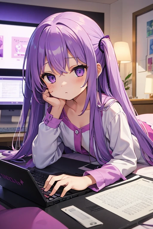 ((UHD, textured skin, high details, best quality, highres, 1080P, 4K)),purple hair, headphones, aqua eyes, purple eyes, light smile, hime cut, curly hair, anime, anime style,I'm wearing pajamas.,Flowers, coffee, dogs,(I'm at my desk working on my computer.)