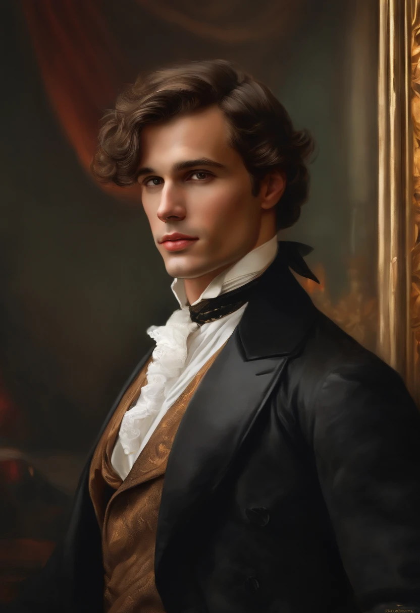 Painting of a handsome, masculine man, ((with long, falling over his shoulders)) and an embroidered men's suit, ((Duke, from the Victorian Era)), ((Marlon Brando style)), in the background of a Paris brothel, Bowater art style, baroque digital painting, renaissance digital painting, masterpiece! inspired by Franz Xaver Winterhalter, inspired by Friedrich von Amerling, beautiful character painting, beautiful digital painting, inspired by Thomas Lawrence, beautiful yywater painting, refraction, reflections, mirrors, prisms, sunlight, bright lights!! Complex, elegant, highly detailed digital painting, art station, concept art, sharp and soft focus, illustration, art by ( ( ( ( Artgerm ) ) ) ) and ( Greg Rutkowski )! and (((Alphonse Mucha))), looking at the camera, eyes reflecting into infinity