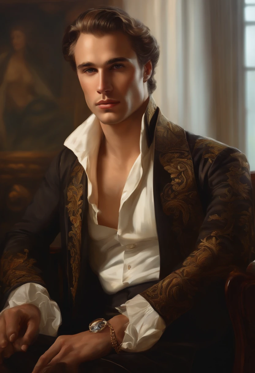 Painting of a handsome, masculine man, ((with long, falling over his shoulders)) and an embroidered men's suit, ((Duke, from the Victorian Era)), ((Marlon Brando style)), in the background of a Paris brothel, Bowater art style, baroque digital painting, renaissance digital painting, masterpiece! inspired by Franz Xaver Winterhalter, inspired by Friedrich von Amerling, beautiful character painting, beautiful digital painting, inspired by Thomas Lawrence, beautiful yywater painting, refraction, reflections, mirrors, prisms, sunlight, bright lights!! Complex, elegant, highly detailed digital painting, art station, concept art, sharp and soft focus, illustration, art by ( ( ( ( Artgerm ) ) ) ) and ( Greg Rutkowski )! and (((Alphonse Mucha))), looking at the camera, eyes reflecting into infinity