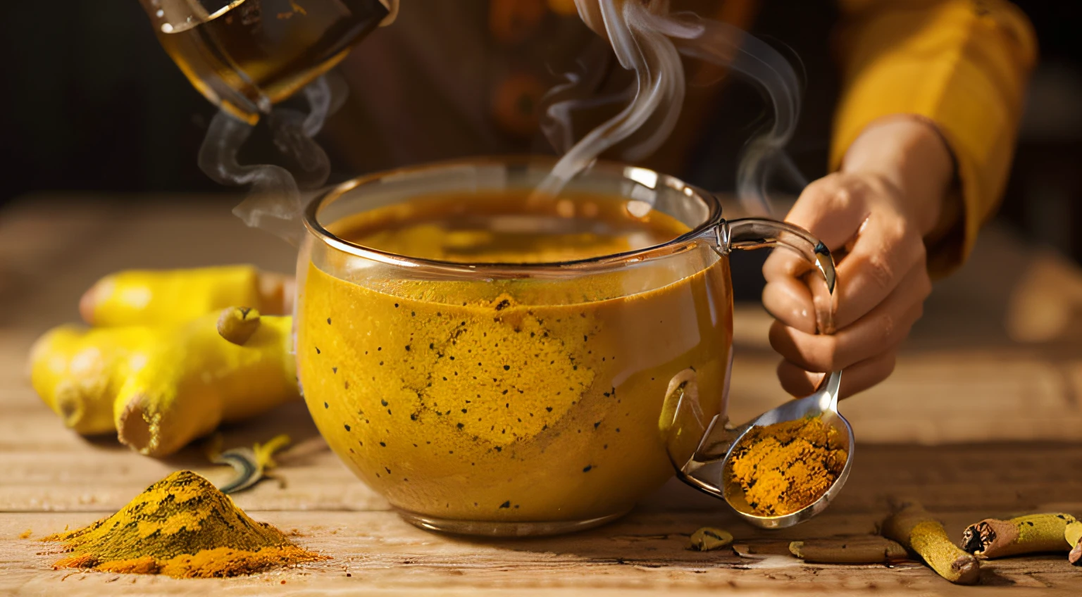 Imagem de (((Turmeric Tea with Lemon))), sendo colocado em um copo, with a kettle emitting smoke showing some of the ingredients it is made of, I really want clarity with every possible detail in this image.