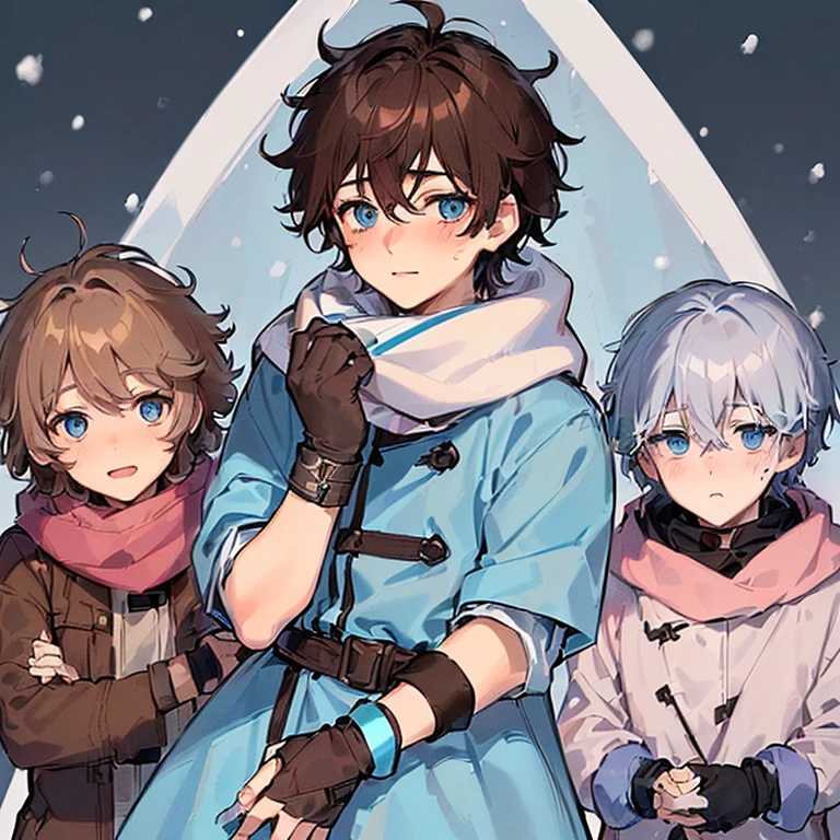 ((1Man)、(()、((high quality)、(Light blue eyes)、(ash brown dark hair with messy hair)、(pale skin with a blush on the cheeks))、cold colored scarf and gloves 、cold color jacket、background in the snow、((happy and adorable look)、((short hair)、asexual flag bracelet on your right wrist