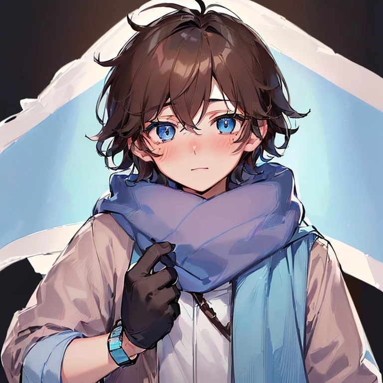 ((1Man)、((17 years old)、((high quality)、(Light blue eyes)、(ash brown dark hair with messy hair)、(pale skin with a blush on the cheeks))、cold colored scarf and gloves 、cold color jacket、background in the snow、((happy and adorable look)、((short hair)、asexual flag bracelet on your right wrist