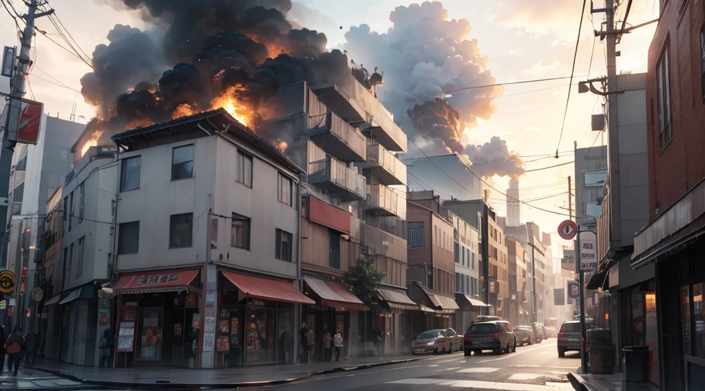 Godzilla attacking a small town street. Buildings are on fire and collapsing and the sky is turning grey with smoke. In the background a valley resides