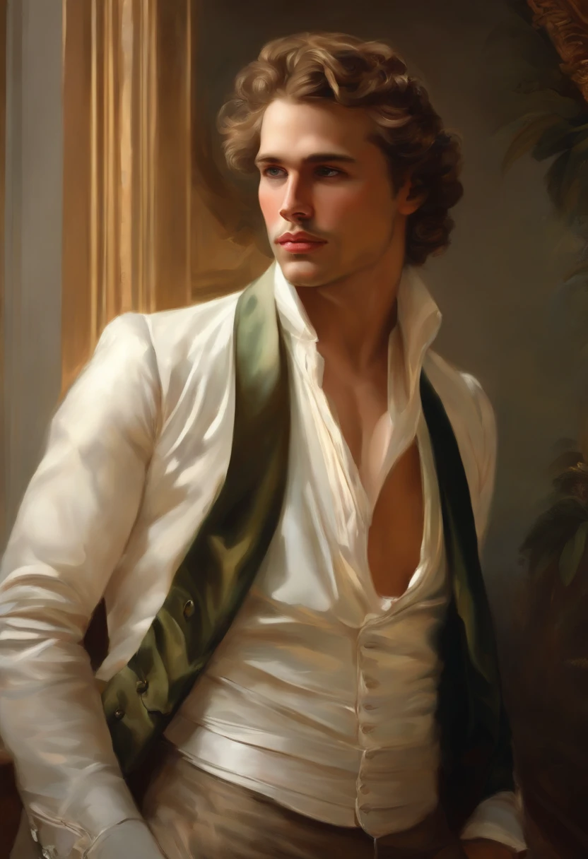 Painting of a handsome, masculine man, ((with long, falling over his shoulders)) and an embroidered men's suit, ((Duke, from the Victorian Era)), ((Marlon Brando style)), in the background of a Paris brothel, Bowater art style, baroque digital painting, renaissance digital painting, masterpiece! inspired by Franz Xaver Winterhalter, inspired by Friedrich von Amerling, beautiful character painting, beautiful digital painting, inspired by Thomas Lawrence, beautiful yywater painting, refraction, reflections, mirrors, prisms, sunlight, bright lights!! Complex, elegant, highly detailed digital painting, art station, concept art, sharp and soft focus, illustration, art by ( ( ( ( Artgerm ) ) ) ) and ( Greg Rutkowski )! and (((Alphonse Mucha))), looking at the camera, eyes reflecting into infinity