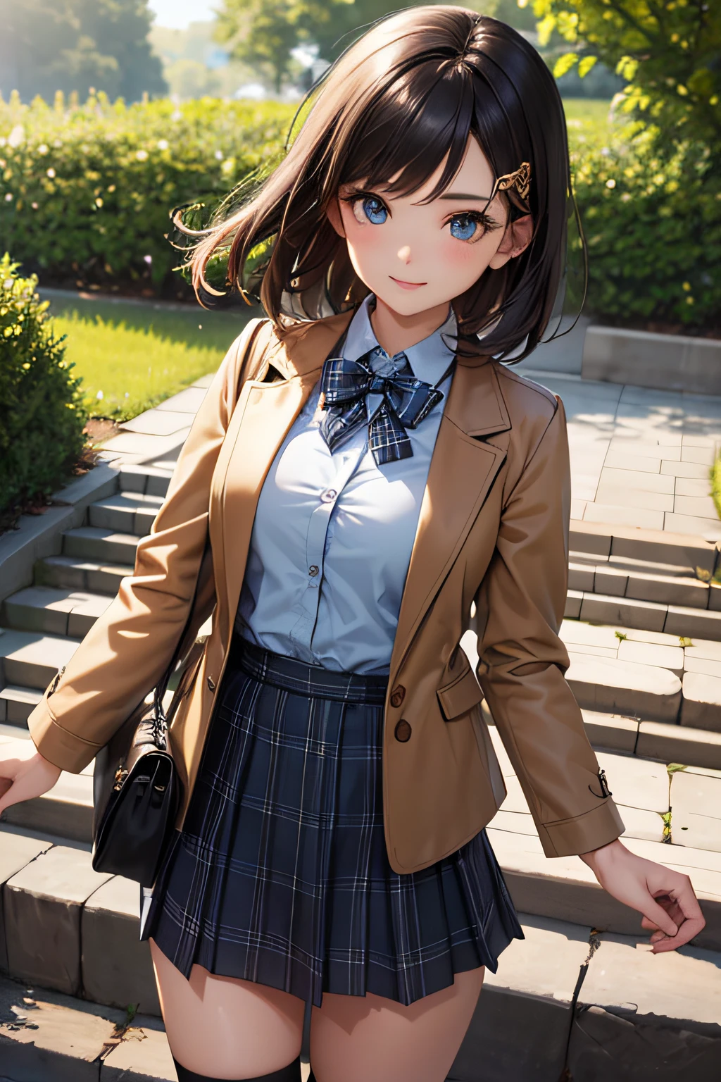 Very cute and beautiful girl,(very detailed beautiful face and eyes:1.2),Smile,Cowboy Shot,
(Brown jacket:1.2),Collared shirt,Checkered bowtie BREAK Detailed legs,zettai ryouiki,Brown shoulder bag,(Brown boots:1.2),
stylish pose,Dynamic Angle,Hair Ornament,Black hair,(Blue plaid mini skirt:1.2),Rose garden arbor,stone stairs,
(Best Quality,masutepiece:1.2),(Intricate details:1.2),Extremely detailed,Ultra-detailed,hight resolution,Solo,Natural lighting,
Hair fluttering in the wind,Beautiful detailed sky,