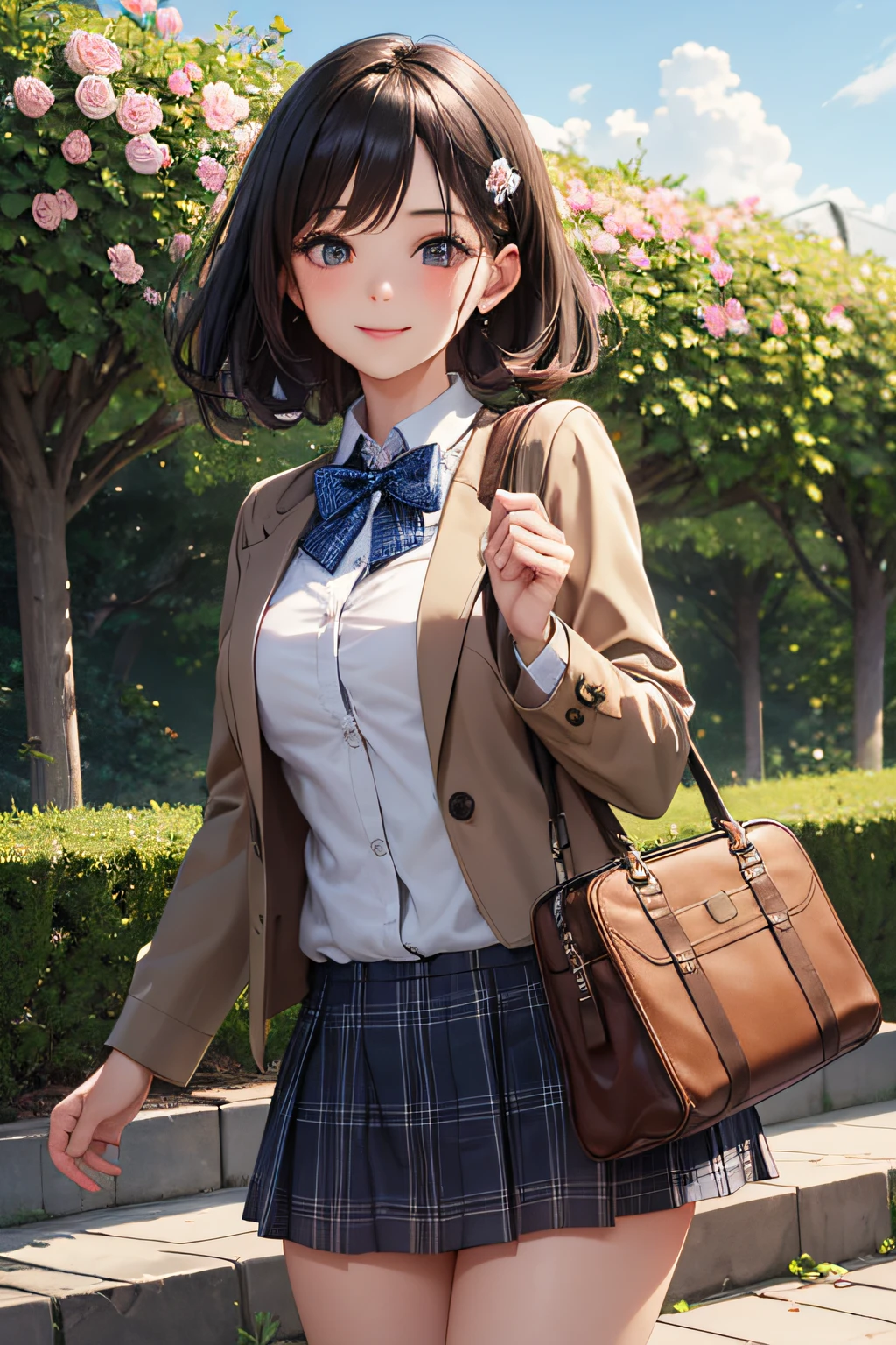 Very cute and beautiful girl,(very detailed beautiful face and eyes:1.2),Smile,Cowboy Shot,
(Brown jacket:1.2),Collared shirt,Checkered bowtie BREAK Detailed legs,zettai ryouiki,Brown shoulder bag,(Brown boots:1.2),
stylish pose,Dynamic Angle,Hair Ornament,Black hair,(Blue plaid mini skirt:1.2),Rose garden arbor,stone stairs,
(Best Quality,masutepiece:1.2),(Intricate details:1.2),Extremely detailed,Ultra-detailed,hight resolution,Solo,Natural lighting,
Hair fluttering in the wind,Beautiful detailed sky,