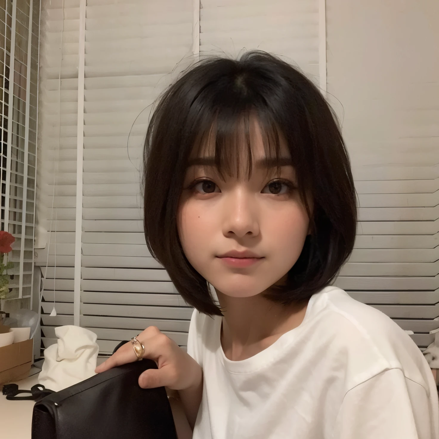 there is a young woman holding a bag in her hand, com cabelos curtos, branco hime corte penteado, com cabelo curto com franja, menina coreana, Heonhwa Choe, com franja, Ulzzang, O corte Hime, korean symmetrical face, Jaeyeon Nam, cabelo arrumado com franja, corte de bob, com um corte bob, corte de cabelo curto