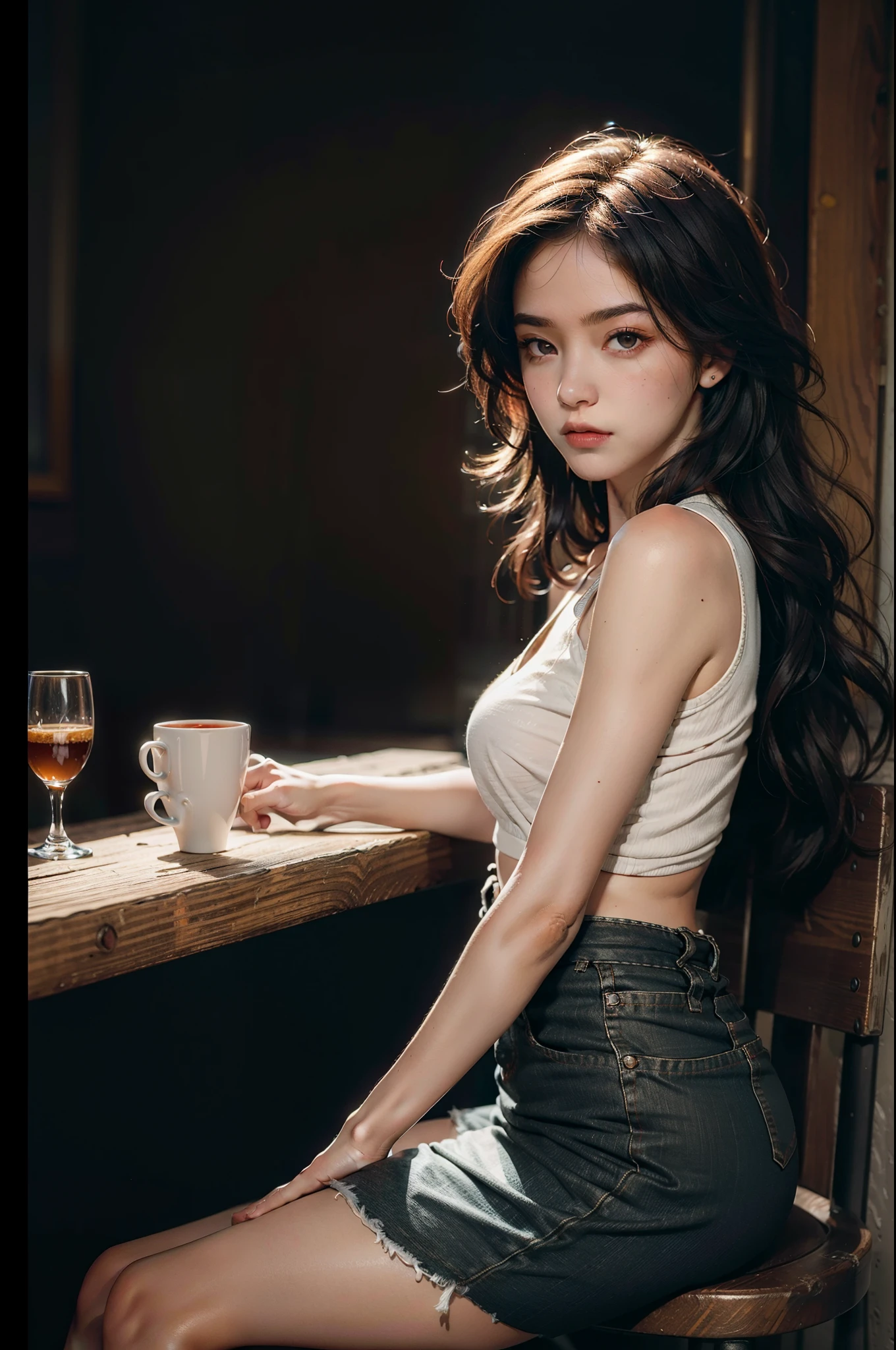 Best quality, masterpiece, ultra high res, (photorealistic:1.4), raw photo, 1girl, waist up, in coffeeshop, deep shadow, dark theme
