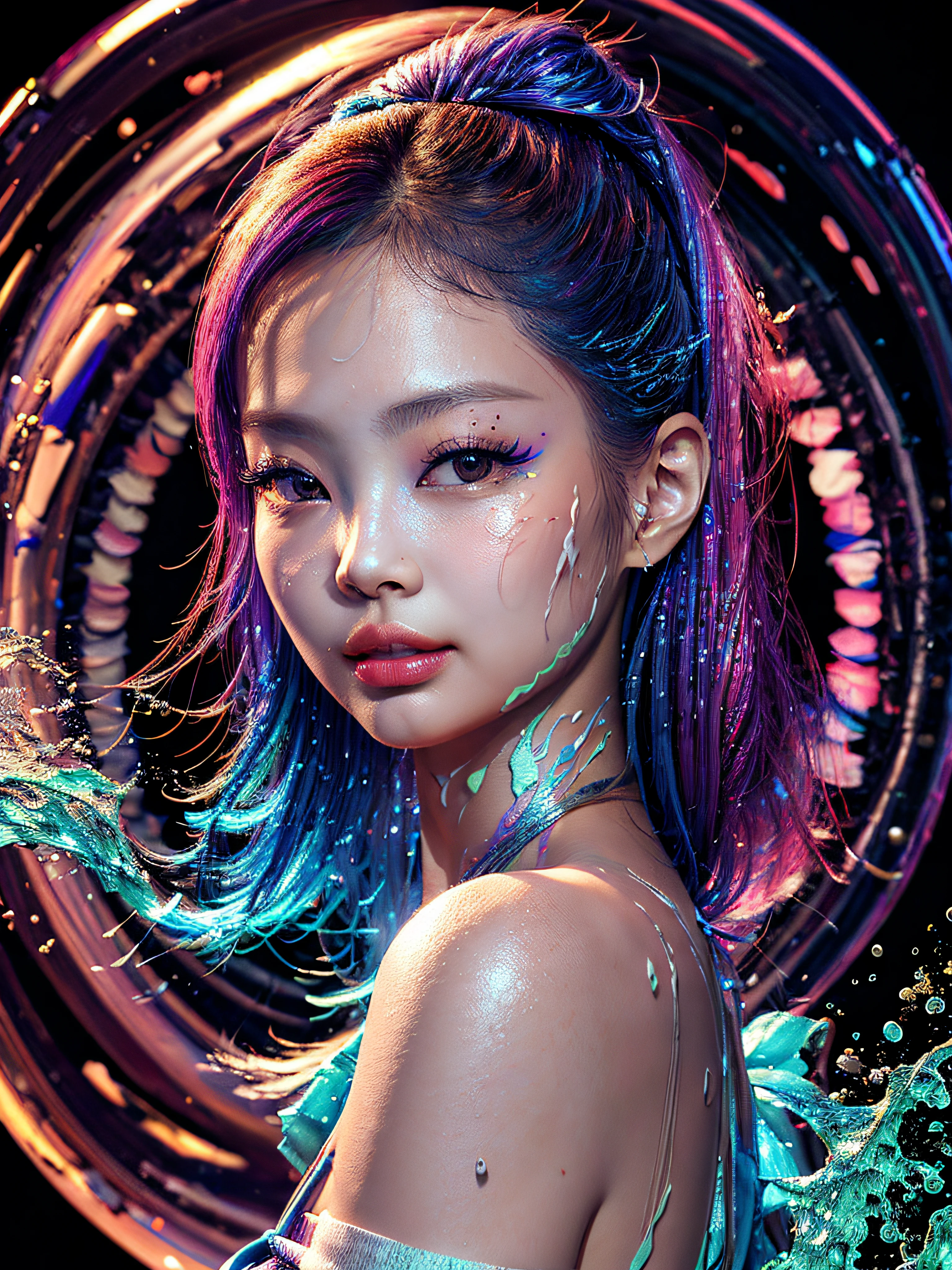 masterpiece, best quality, (extremely detailed CG unity 8k wallpaper, masterpiece, best quality, ultra-detailed, best shadow), (detailed background), (beautiful detailed face, beautiful detailed eyes), High contrast, (best illumination, an extremely delicate and beautiful),1girl,((colourful paint splashes on transparent background, dulux,)), ((caustic)), dynamic angle,beautiful detailed glow,full body, paint splash on face. Jennie kim,