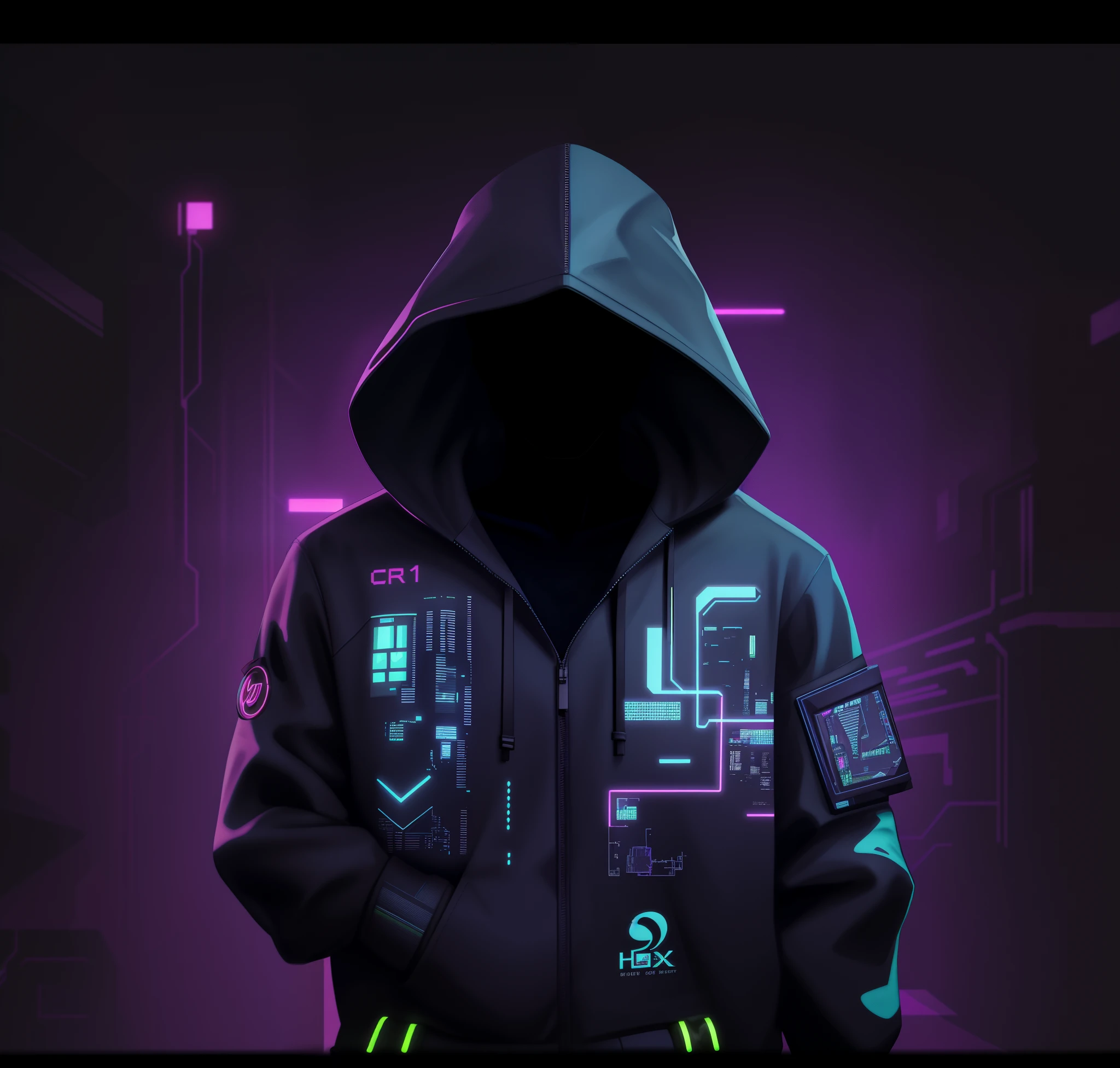 a hoodedie with a neon green background and a bright circuit, digital art style, cyber style, cyberpunk art style, 8k hd digital art wallpaper, has cyberpunk style, cyberpunk digital art, cyberpunk hacker with arms crossed, cyberpunk artstyle, wearing cyberpunk streetwear with arms crossed, hologram sci - fi hood, cyberpunk anime girl in hoodie, cyberpunk streetwear,  4K digital art, cybernetic background, arms crossed