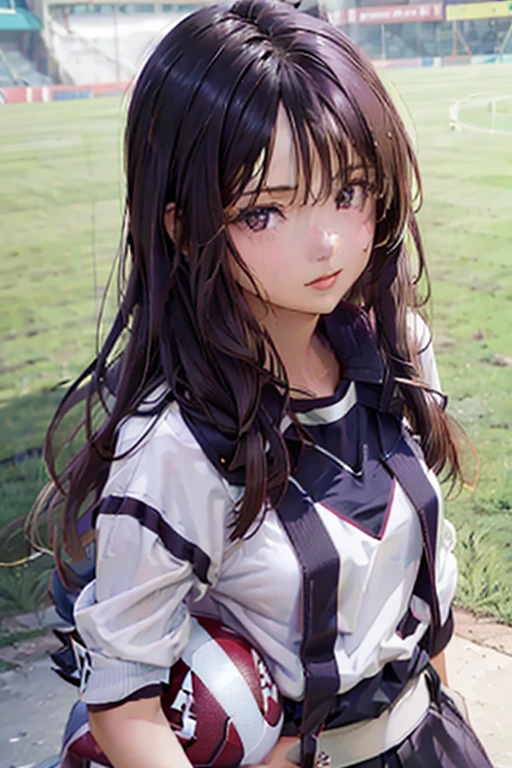 Beautiful woman in her 20s with very long hair, Dark purple hair.,Play Football,football field,red black ball