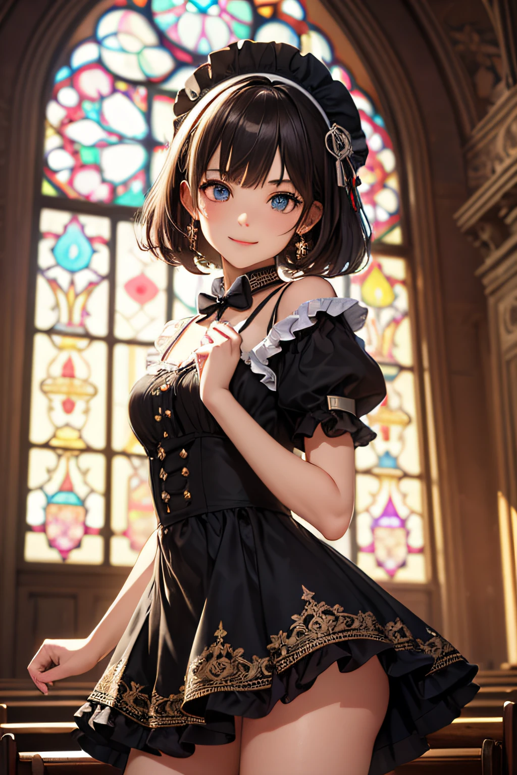 Very cute and beautiful girl,(very detailed beautiful face and eyes:1.2),
Smile,Black hair,Dynamic Pose,Beautiful legs,(Cowboy Shot),
Brown floral Lolita dress with detailed ruffles,
altar,chies,Indoors,
(Best Quality,masutepiece:1.2),Intricate details,Extremely detailed,hight resolution,1 girl,Solo,Cinematic lighting,